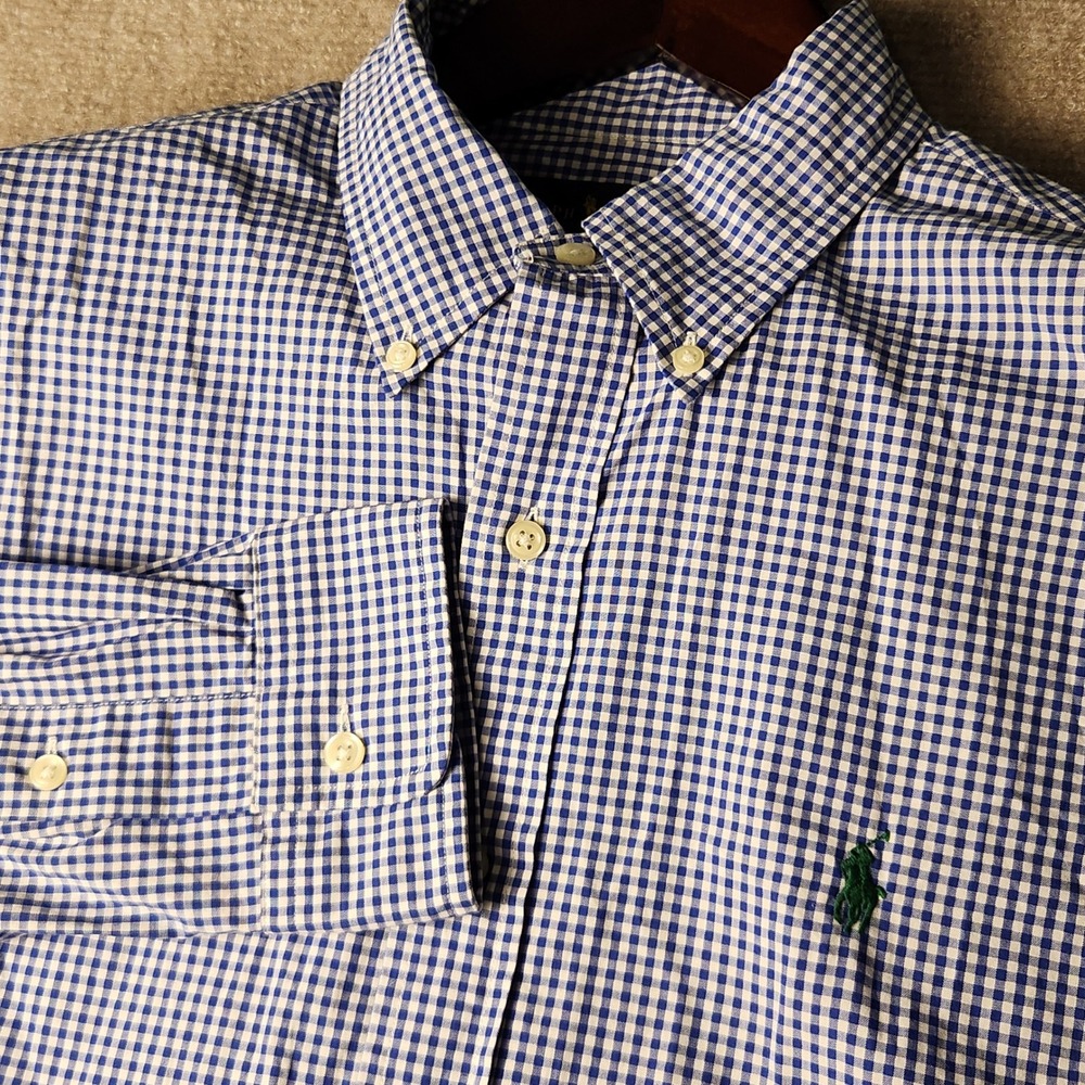 Polo Ralph Lauren Mens Gingham Button Down Shirt Blue White Long Sleeve Pony M